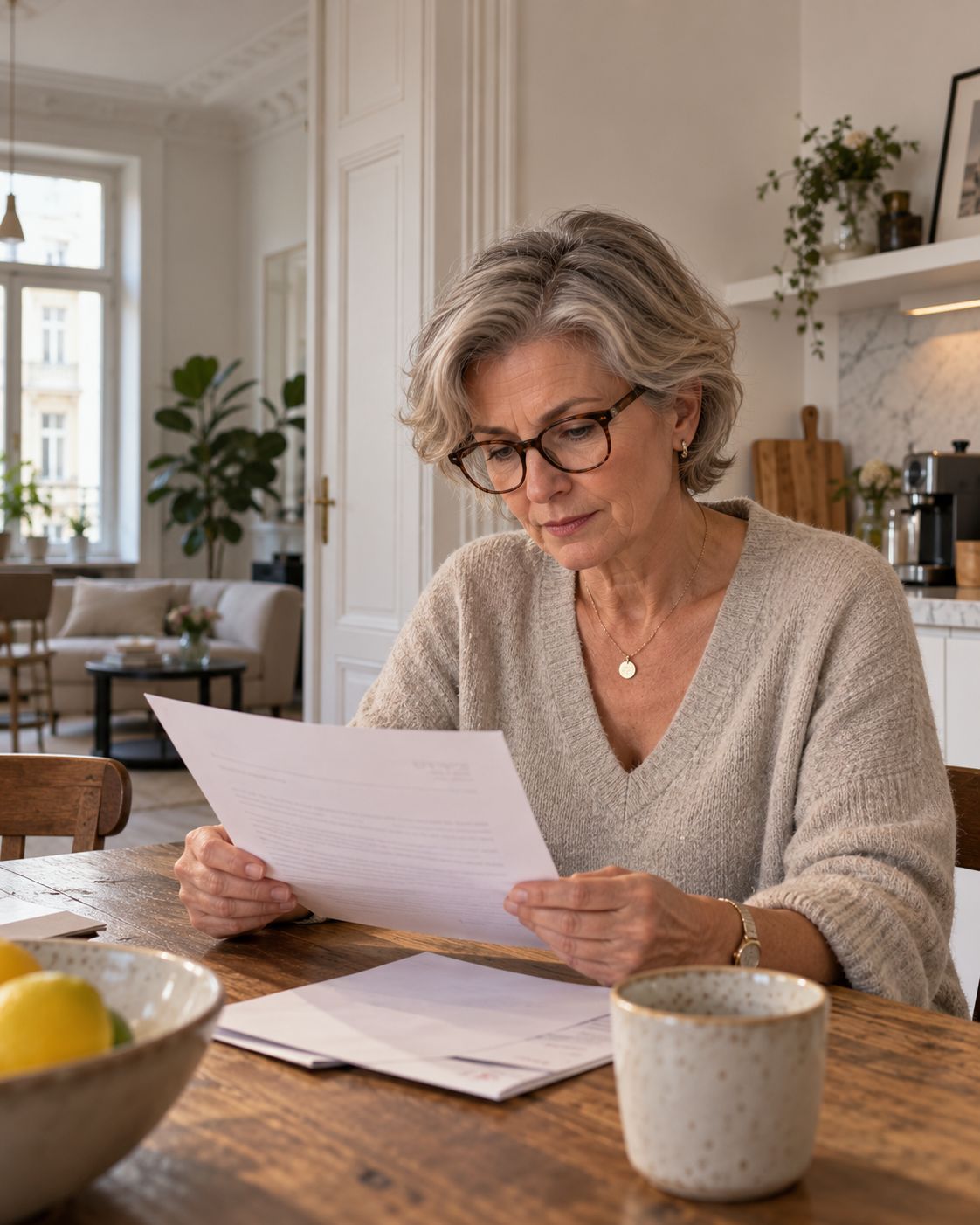 A woman calmly reads a personal letter at the kitchen table.