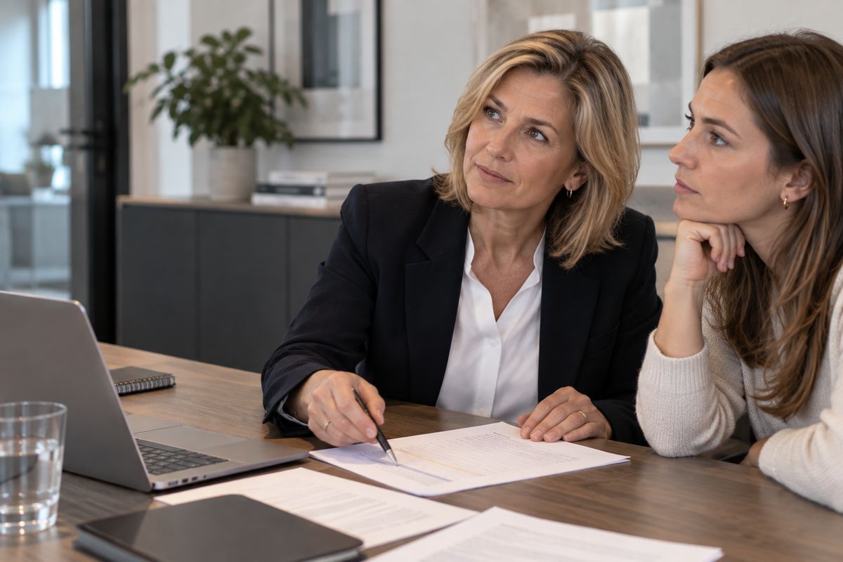 A data protection officer and a colleague review a printed log together at the meeting table