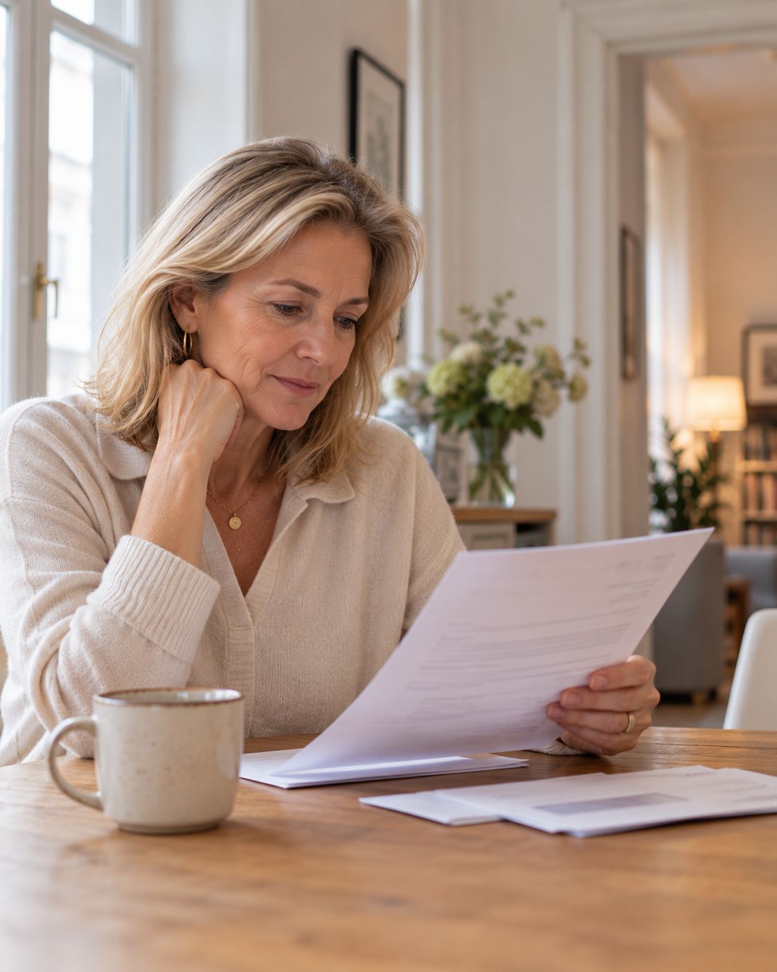 A woman reads a personal letter at the kitchen table