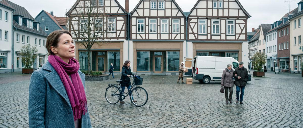Marktplatz einer Mittelstadt mit Bankfiliale, Versicherungsagentur und Stadtwerke-Kundenzentrum im Alltag
