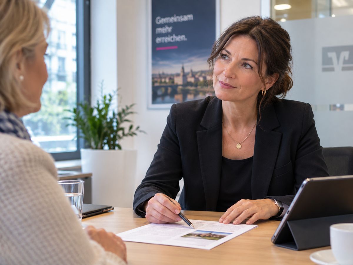 Beraterin einer Regionalbank bespricht mit einer Kundin einen persönlichen Brief zur Wiederanlage