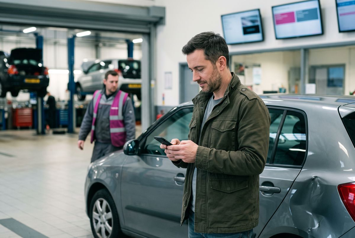 Kunde liest in der Werkstatt eine Statusnachricht zu seinem Kfz-Schaden auf dem Smartphone