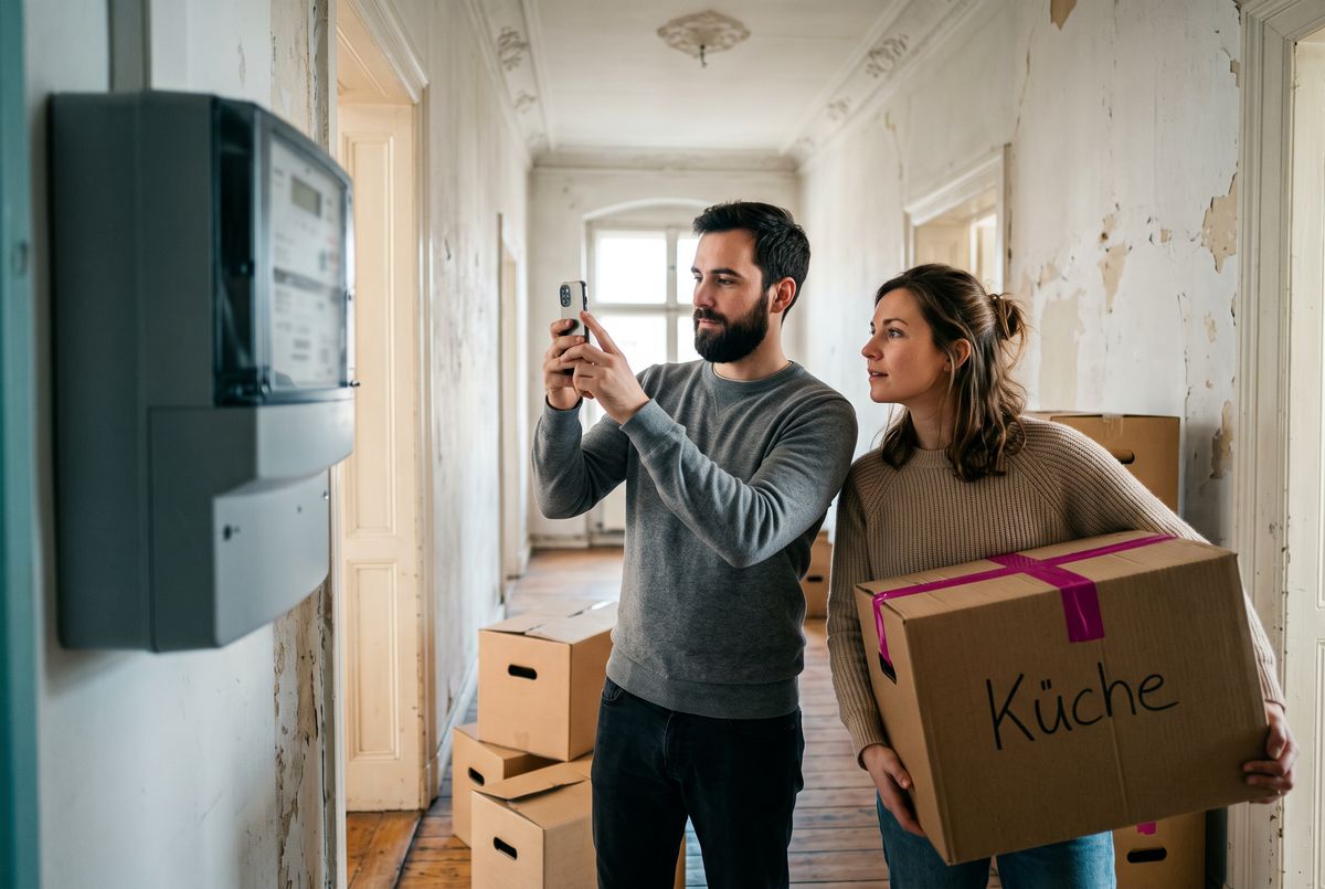 Couple moving out photographs the electricity meter to report the meter reading