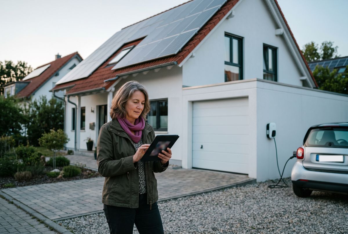 Homeowner with a photovoltaic system and wallbox checks an offer from her municipal utility on a tablet