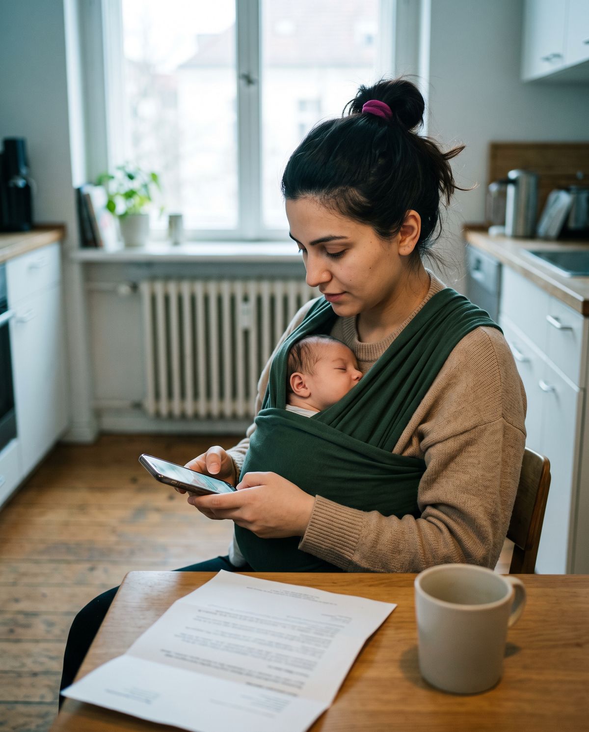 Eine junge Mutter liest am Küchentisch eine Nachricht ihrer Krankenkasse, ihr Baby schläft im Tragetuch