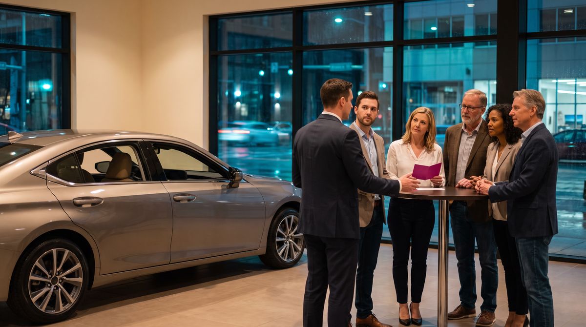 Kunden lassen sich bei einer Modellpremiere in ihrem Autohaus ein neues Fahrzeug erklären
