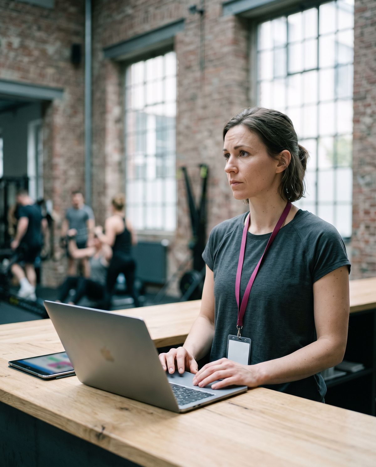 A studio manager reviews a central campaign for her location at reception