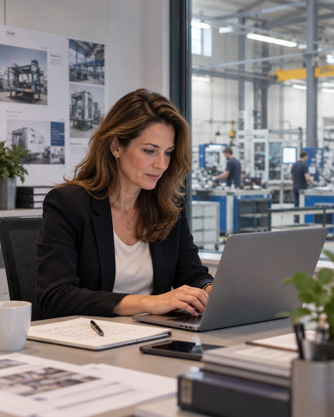 A marketing manager at a machinery manufacturer plans a campaign on her laptop, with the assembly hall in the background