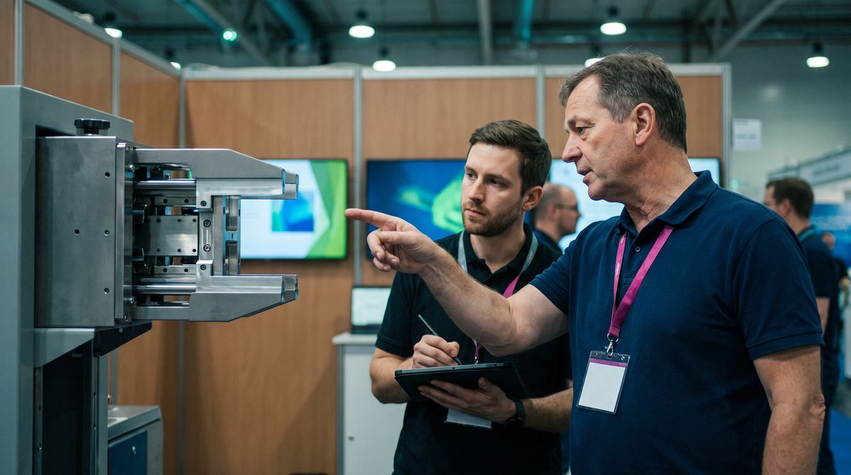 A sales engineer explains a machine module to a visitor at the trade fair stand