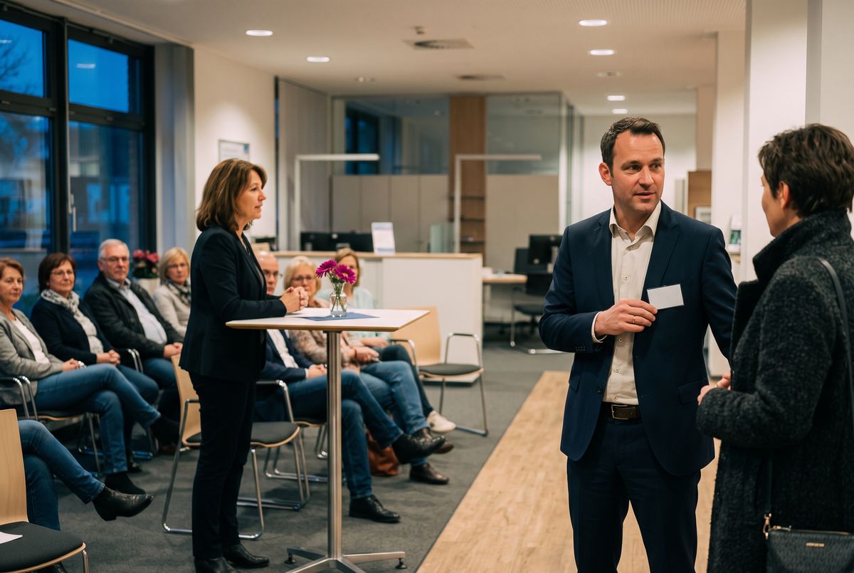 Adviser welcomes guests to an investors' evening at a regional bank branch