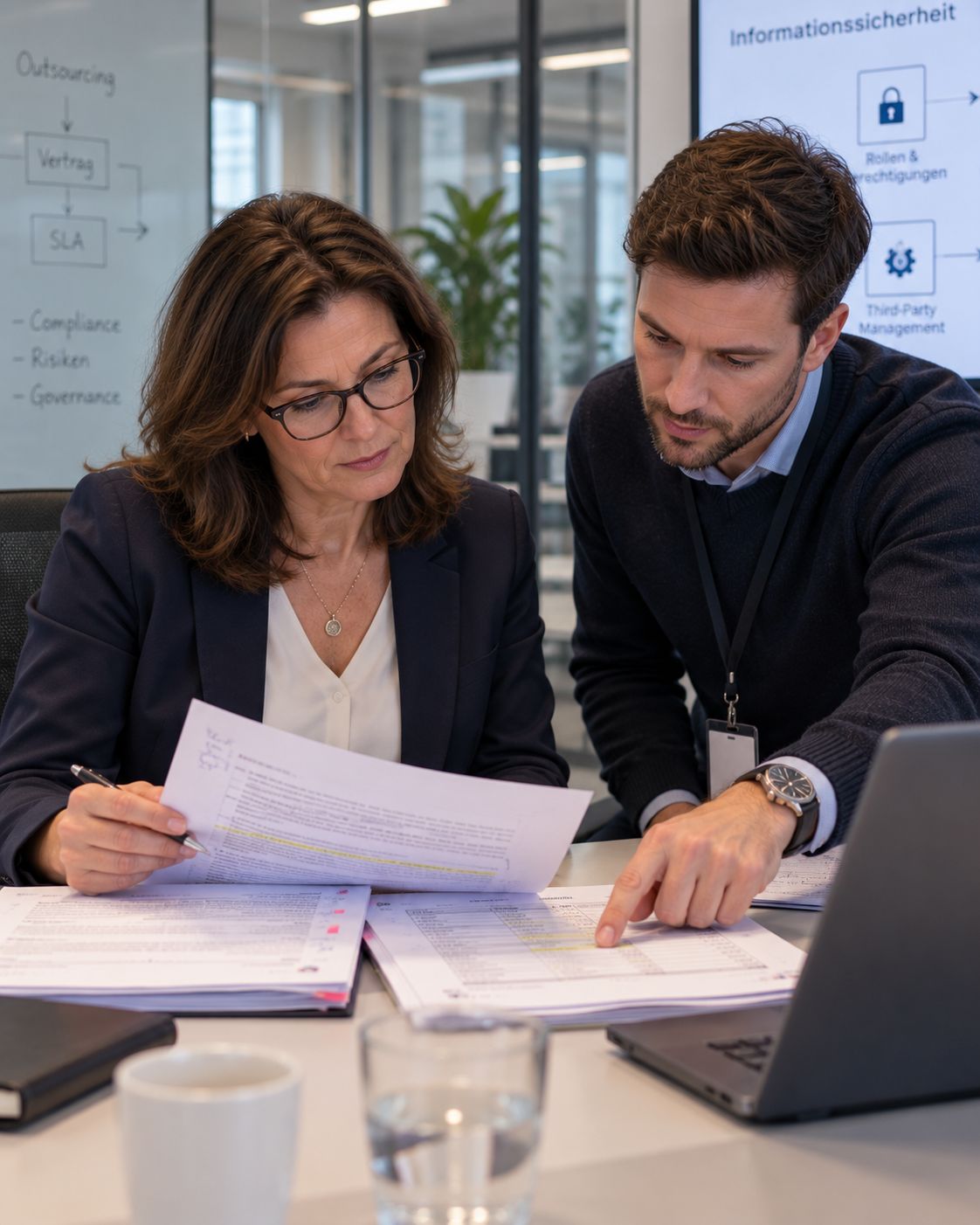Zwei Mitarbeitende eines Finanzinstituts prüfen Vertragsunterlagen zur Auslagerung.