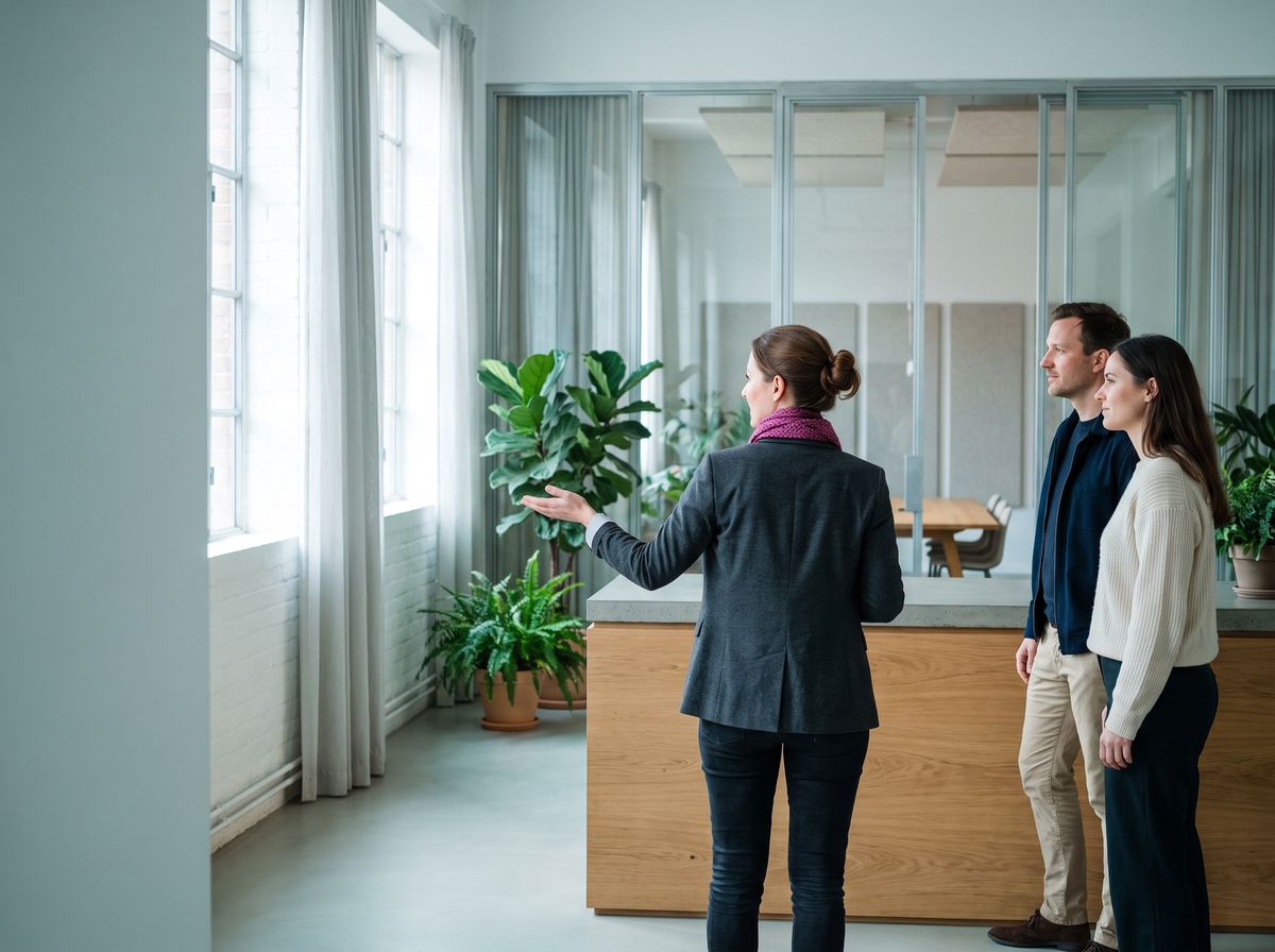 Employee welcoming two guests at the reception of a bright office