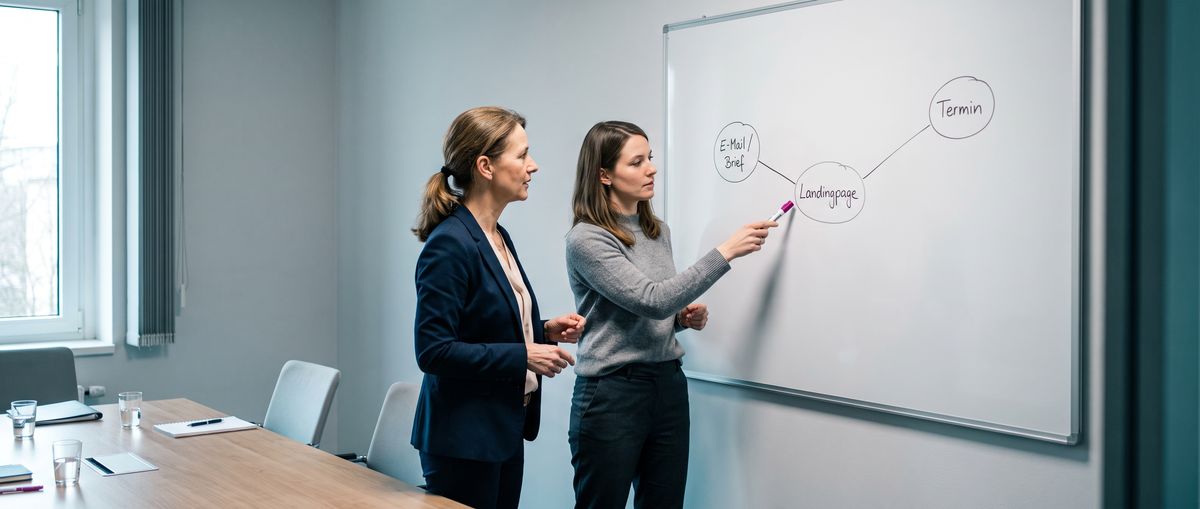 Eine Kundin und eine Beraterin von PBM skizzieren gemeinsam eine Customer Journey am Whiteboard