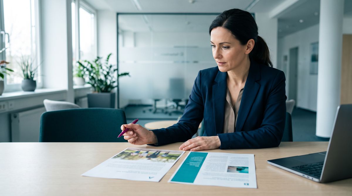 Beraterin vergleicht am Beratungstisch zwei individuell gestaltete Kundenbriefe